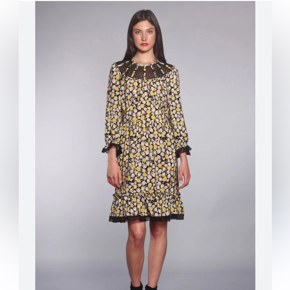Anthropologie Anna Sui Yellow and Black Silk Retro Bow Dress Sz 6